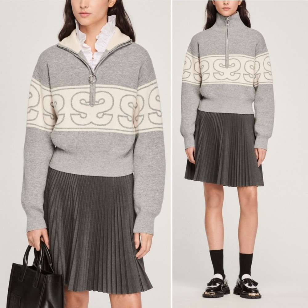 SANDRO Leroy Gray Double S Front‎ Zip Sweater